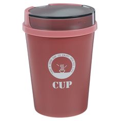 a red cup with a black lid and the word cup on it is shown in white lettering