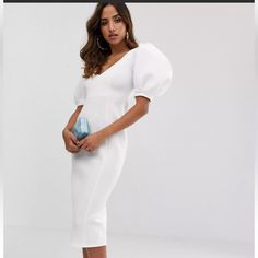 Brand New White V-neck Puff Sleeve Evening Dress, White Knee-length Puff Sleeve Formal Dress, Elegant Puff Sleeve Bodycon Dress For Brunch, White V-neck Puff Sleeve Dress For Wedding, White V-neck Puff Sleeve Party Dress, Formal White Knee-length Puff Sleeve Dress, White Knee-length Puff Sleeve Dress For Evening, White Knee-length Puff Sleeve Evening Dress, White Midi Length Puff Sleeve Dress