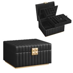 two black boxes with gold handles are shown in the same image as one is open and closed