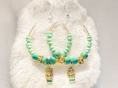 Dangle Gold Tone Aqua and Turquoise Acrylic Beads Gold Tone Dangling  Pendant Charm Turquoise Hoop Earrings With Dangling Beads For Gifts, Turquoise Hoop Earrings With Dangling Beads As Gift, Acrylic Hoop Earrings, Aqua And Gold, Gold Charms, Jewelry Earrings Hoops, Acrylic Beads, Gold Charm, Charm Pendant