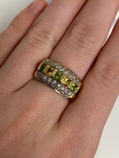 9carat yellow gold peridot, citrine and cz ring  Ring size: N(uk), 6 1/2(USA) Price: £305.00 Yellow Gold Peridot Diamond Ring, Gold Peridot Birthstone Ring With Accent Stones, Cz Ring, May 20, Ring Ring, Rings Statement, Citrine, Statement Rings, United Kingdom