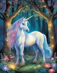 a unicorn standing in the middle of a forest surrounded by flowers and trees with lights