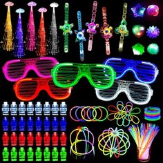 glow in the dark party supplies including neon glasses, bracelets and hair clips for kids