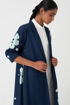 Navy cotton poplin jacket with floral print. - Aza Fashions Blue Cotton Floral Print Outerwear, Blue Floral Print Cotton Outerwear, Spring Floral Print Outerwear For Work, Summer Cotton Outerwear With Floral Print, Summer Floral Cotton Outerwear, Summer Cotton Floral Print Outerwear, Summer Floral Print Cotton Outerwear, Floral Print Cotton Blazer For Work, Blue Floral Print Spring Blazer