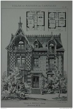 an old house with two floors and three stories on the second floor, in black and white