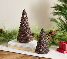 two small christmas trees sitting on top of books