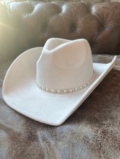 Vegan Suede Cowboy Hat With Pearl Rhinestone Trim Great for Concerts, Parties, and Bridal Events - Etsy Cowgirl Hats For Wedding, Bridal Cowgirl Hat, Western Style Party Felt Hat, Western Felt Hat For Kentucky Derby Party, Western Style Felt Hat For Kentucky Derby Parties, Western Fedora Hat For Wedding, Western Hats With Bling For Rodeo, Western Hat Bands For Wedding And Kentucky Derby, Western Bling Hat For Rodeo