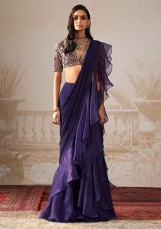 Ridhi Mehra-Geet Purple Draped Sari Set-INDIASPOPUP.COM Minecraft Witch, Indowestern Saree, Indian Dress Up, Purple Drapes, Ridhi Mehra, Haldi Outfit, Function Dresses, Purple Saree, Wedding Saree Collection