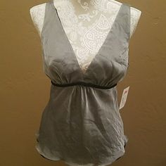 Nwt Silver Chiffon Tank With Black Chiffon Under Lay And Black Velvet Tie Chic Silver V-neck Top, Sheer V-neck Top For Formal Occasions, Elegant Gray Summer Blouse, Chic Silver Blouse For Night Out, Chic Silver Blouse For A Night Out, Gray Fitted Party Blouse, Gray Fitted Blouse For Party, Fitted Silver Blouse For Summer, Elegant Sleeveless Gray Tops