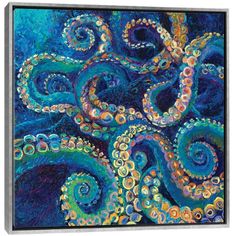 an octopus painting on canvas with blue and orange colors, it looks like the tentacles are floating