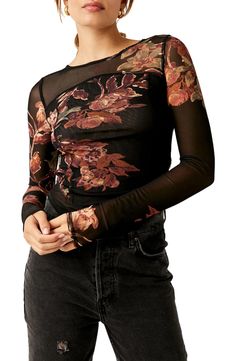 Free People Betty's Garden Mesh Top | Nordstrom Sheer Tops For Women, T Shirts Aesthetic, Aesthetic Tops, Mesh Long Sleeve Top, Fall Blouse, Cropped Long Sleeve Top, Summer Streetwear, Vintage Crop Tops, Long Sleeve Floral Top