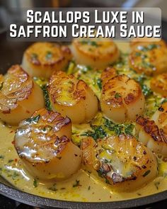 scallops in saffron cream sauce on a pan with the words, scallops like in saffron cream sauce