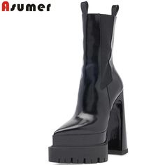 ASUMER 2024 Slip-On Boot w/ Thick High Heels Elevate your autumn wardrobe with the ASUMER 2024 Slip-On Thick High Heels Boots. Designed for the modern woman, these Chelsea ankle boots are crafted from premium microfiber that offers a sleek and stylish look. With a super high heel height of 15cm and a platform height of 4cm, these boots provide both height and stability, making them perfect for all-day wear. The square heel design adds a unique touch to your outfit, while the pointed toe shape en Thick High Heels, Boots Woman, High Heels Boots, Black High Heel Boots, Black Shoe, Autumn Wardrobe, Heel Design, Chelsea Ankle Boots, Super High Heels