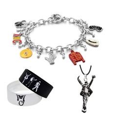 PRICES MAY VARY. MJ Jackson Bracelet King of Pop MJ bracelet and silver classic necklace MJ necklace:a black chain with a silver-black pendant, punk style, Perfect Gift:for all MJ fans,in christmas,new year,wedding party,concert and others,a box as a gift MJ bracelet:silver bracelet,classic tassels style, MJ Jackson Bracelet size : 20 cm =7.87inch Material: Alloy Themed Black Metal Jewelry, Personalized Black Jewelry For Party, Trendy Black Charms Jewelry, Trendy Black Jewelry With Charms, Black Novelty Bracelet Jewelry, Personalized Black Metal Charm Bracelet, Novelty Black Jewelry With Charms, Black Novelty Jewelry With Charms, Nickel Free Themed Black Jewelry