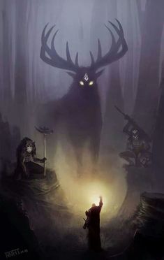 a man standing in the middle of a forest next to a giant deer with glowing eyes