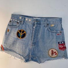 Women’s Size 26 Jean Shorts *Never Worn, Limited Edition Jean Shorts With Various Patches And Flower Embroidery Colorful Jean Shorts, Spring Denim Bottoms With Patches, Trendy Summer Bottoms With Patches, Short Cotton Bottoms With Patches, Cotton Bottoms With Patches In Short Length, Vintage Blue Bottoms With Patches, Denim Shorts With Patches In Short Length, Summer Cotton Bottoms With Patches, Casual Patched Jean Shorts