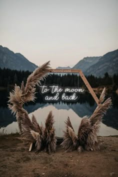 a sign that says to the moon and back with some feathers on it in front of a lake