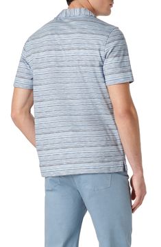 A varied-stripe knit brings versatile patterning to this handsome cotton polo styled with a casually laid-back open V-neck. Johnny collar Short sleeves 100% cotton Machine wash, dry flat Imported Casual Striped Cotton Polo Shirt, Striped Cotton Polo Shirt For Spring, Spring Striped Cotton Polo Shirt, Casual Polo Shirt With Horizontal Stripes, Casual Short Sleeve Polo Shirt With Horizontal Stripes, Cotton Summer Polo Shirt With Horizontal Stripes, Casual Summer Polo Shirt With Horizontal Stripes, Casual Short Sleeve Polo Shirt With Stripes, Casual Horizontal Stripe Short Sleeve Polo Shirt