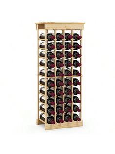 a wooden wine rack filled with lots of bottles