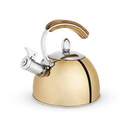 a gold tea kettle with a wooden handle on a white background and clippings