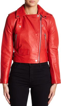 Walter Baker Liz Leather Crop Moto Jacket | Nordstromrack Womens Moto Jacket, Cropped Moto Jacket, Notch Collar, Red Jacket, Moto Jacket, Lambskin Leather, Lightweight Jacket, Snap Button, Red Leather Jacket