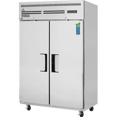 a double door freezer sitting on wheels