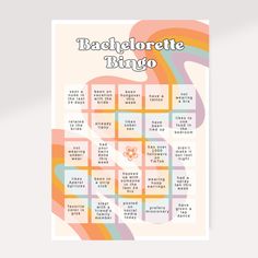 a poster with the words bachelor bingo in different colors and font, on a white background