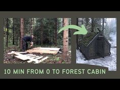 a man standing in the woods next to a forest cabin