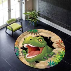 a green dinosaur with its mouth open on a black tile floor next to a chair and potted plant