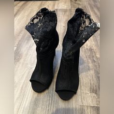 Black, Lace Top, Open Toe Bootie. Size 5.5, Never Worn! Black Lace-up Booties, Black Fitted Lace-up Booties, Fitted Black Lace-up Booties, Black Lace-up Booties For Spring, Black Boots With 4-inch Heel For Spring, Black Lace Top, Shoes Black, Bootie, Black Lace