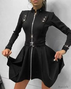 Lasaky - Solid Zipper Long Sleeve Mini Dress Black Long Sleeve Mini Dress, Dress Stand, Dresses 2024, Trend Fashion, Long Sleeve Mini, Evening Attire, Flowing Maxi Dress, Long Sleeve Mini Dress, Glamorous Evening Gowns