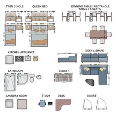 the floor plan for a living room and dining area with different types of furniture in it