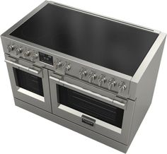 an oven with two burners and three doors on the front is shown in stainless steel