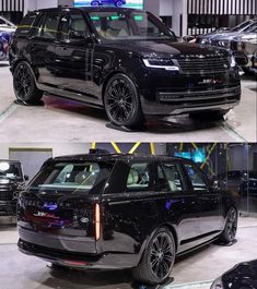 an suv is shown in two different pictures, one black and the other silver with chrome rims