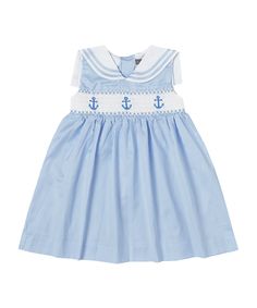 Style # PS-TM1103  Hand smocked anchor blue stripe sailor dress  Made with 100% Cotton Casual Summer Dress With Striped Collar, Nautical Cotton Summer Dress, Preppy Striped Cotton Dress, Casual Striped Smocked Dress With Smocked Bodice, Casual Striped Smocked Dress, Fitted Dress With Striped Collar For Daywear, Casual Daywear Dress With Striped Collar, Nautical Navy Cotton Dress, Navy Nautical Cotton Dress