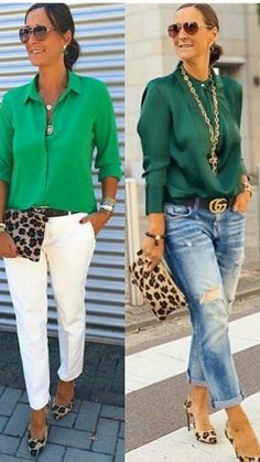 25 ELEGANT OUTFITS WITH JEANS TO WEAR NOW FOR WOMEN OVER 50 - valemoods Cute Friday Outfits For Work, Over 45 Fashion Outfits, Classy Miami Outfits, Over 50 Womens Fashion 50 And Fabulous, Outfits Over 40, Green Shirts, Stylish Outfits For Women Over 50, Mode Casual, Casual Stylish