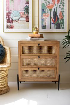 Wooden Bedside Table with Three Woven Cane Drawers - Chapin Furniture Tonal Bedroom, Cane Drawers, Cane Bedside Tables, Bedside Table Design, Wooden Bedside Table, Wood Bedside Table, Beautiful Storage, Wood Accents, Bedroom Inspo