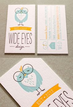 two business cards with owls on them and the words wide eyes design written in yellow