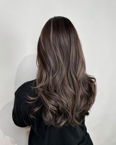 Half Balayage Black Hair, Chocolate Ash Balayage, Ashy White Balayage, Dark Balayage Long Hair, Light Cool Brown Balayage, Dark Hair With Partial Balayage, Brown One Color Hair, Brown Hair With Sandy Highlights, Hair Dye For Layered Hair