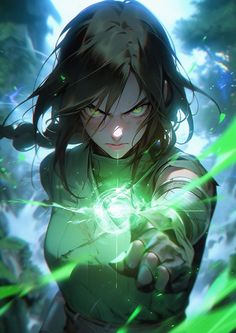 an anime character holding a green light in her hands