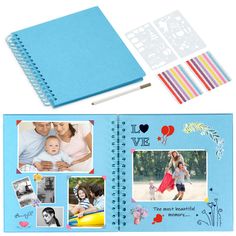 a blue notebook with photos and stickers on the cover is open to show it's contents