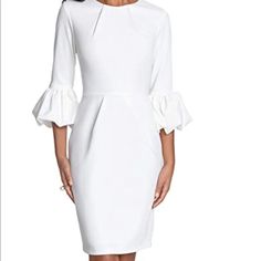 Bell Sleeves, Exposed Zipper On Back. Blush Fitted Pleated Midi Dress For Brunch, White Fitted Pleated Midi Dress, Elegant Spring Mini Dress With Pleated Sleeves, Elegant Pleated Shift Dress, Chic White Dresses With Pleated Sleeves, Elegant Fitted Mini Dress With Pleated Sleeves, White Fitted Dress With Pleated Sleeves, Elegant Long Sleeve Shift Midi Dress, Elegant Shift Mini Dress Knee-length