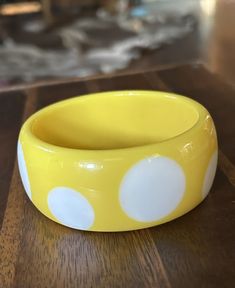 Polka Dot Bangle Bracelet Mod 60s Yellow Plastic White Dots Retro Jewelry Chunky  | eBay Cheap Yellow Bangle Jewelry, 60s Bracelets, Retro Yellow Adjustable Bracelets, 1960 Jewelry 1960s Vintage, Retro Yellow Bangle Bracelet, Yellow Flower-shaped Retro Jewelry, Mod 60s, Jewelry Chunky, Plastic Bangles