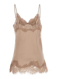 Camie top Adjustable spaghetti straps V neckline Tonal lace trim Tonal stitching Beige Silk Relaxed fitComposition: 100% Silk Chic Camisole With Contrast Lace, Feminine Camisole With Contrast Lace, Chic Top With Contrast Lace And Spaghetti Straps, Chic Lace Patchwork Spaghetti Strap Top, Chic Spaghetti Strap Lace Patchwork Top, Chic Spaghetti Straps Lace Patchwork Top, Elegant Lace Tank Top With Straps, Elegant Lace Tops With Straps, Beige Lace Camisole With Lace Top Detail