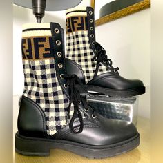 Fendi Roma Authentic Mid-Calf Combat Boots -Size: 37/6.5 -Made In Italy -Never Worn -Black + Printed -Round Toes -Lace-Up Closures -Designer Fit: Boots By Fendi Typically Run Half A Size Small Fendi Replica Clothing, Fendi Boot, Italian Leather Boots, Fendi Shoes, Moto Boots, Wearing Black, Black Print, Italian Leather, Mid Calf