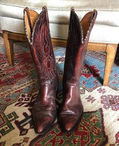 "Men's vintage J. Chisholm western cowboy boots. Handcrafted in the USA. The color is a rich dark red mahogany/burgundy brown. Classic styling. High quality hand hammered leather soles. These are first class, J. Chisholm are some of the best boots around. Great condition. Some wear at top edge see photos. Heels look a little worn but that's an easy fix.  Size Men's  9EE Heel height-1.75\" Insole-9.5\" Width-5.75\"" Western Burgundy Boots With Round Toe, Western Style Burgundy Boots With Round Toe, Classic Red Snip Toe Boots, Western Burgundy Leather Boots, Red Snip Toe Boots For Western-themed Events, Classic Red Boots For Rodeo, Western Red Snip Toe Boots, Western Red Boots With Snip Toe, Vintage Moc Toe Boots For Rodeo