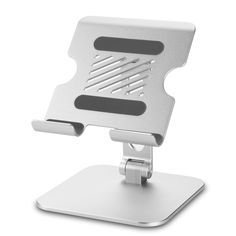 a white desk top computer stand with a laptop on it's back end and one side facing the camera