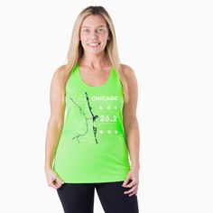 Show off your Chicago running pride in our women's racerback performance tank top. Our racerback scoop neck tank is made from 100% polyester to keep runners dry and cool. This performance tank offers a comfortable and A-line fit that pairs great with any choice of bottoms from leggings and athletic tights to jeans and shorts. This stylish tank is perfect for everyday wear and an ideal running gift for any occasion. Run through the Windy City and cross the marathon finish line in style. Racerback Tank Top For Sports Season, Athleisure Racerback Tank Top For Sports Season, Athleisure Racerback Tank Top, Sweat Resistant Racerback Tank Top For Running, Sweat-resistant Racerback Tank Top For Running, Casual Racerback Tank Top For Running, Athleisure Tank Top For Sports Events, Green Moisture-wicking Racerback Top, Summer Athleisure Activewear For Marathon