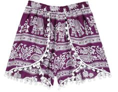 These funky purple and white shorts are stylish and unique, especially with a pom border running along the seams.  They are ideal for a hot summer day at the beach, or even for running errands. #tlb #JuniorPetite #vacationclothing #beachwrap #HippieShorts #BeachShorts #ElephantShorts Playful White Shorts For Beach Season, Playful White Shorts For Vacation, White Bohemian Shorts For Beach, White Bohemian Shorts For The Beach, White Bohemian Shorts For Festival, White Summer Shorts For Festival, White Summer Festival Shorts, Casual White Shorts For Festival, Purple Beachwear Shorts For Beach