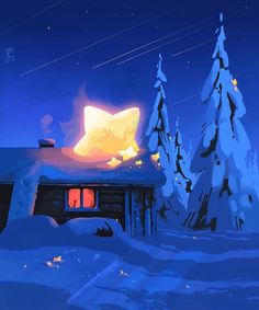 a painting of a cabin in the snow at night